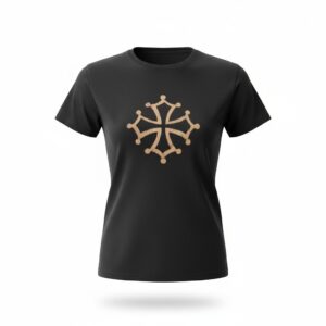 T-shirt noir motif croix occitane dorée, vue de face