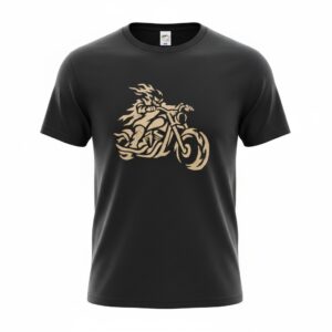 T-shirt noir motif tête de mort en flammes sur moto, vue de face