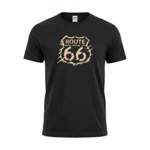 T-shirt noir motif écusson Route 66 doré, vue de face